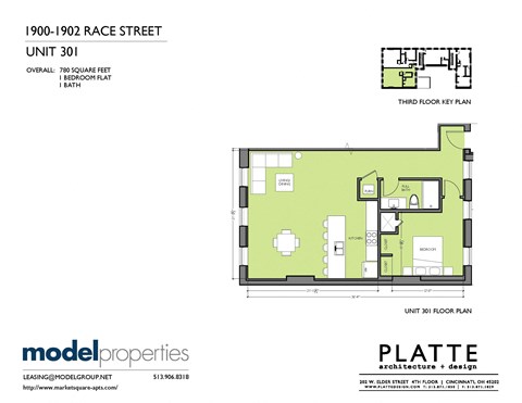 Floor plan for 1 bed, 1 bath, 780 sqft